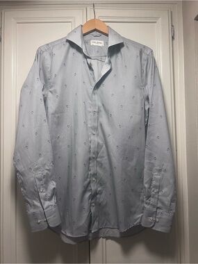 John Henric Button Down Long Sleeve  Astronaut Print Striped Blue White Medium